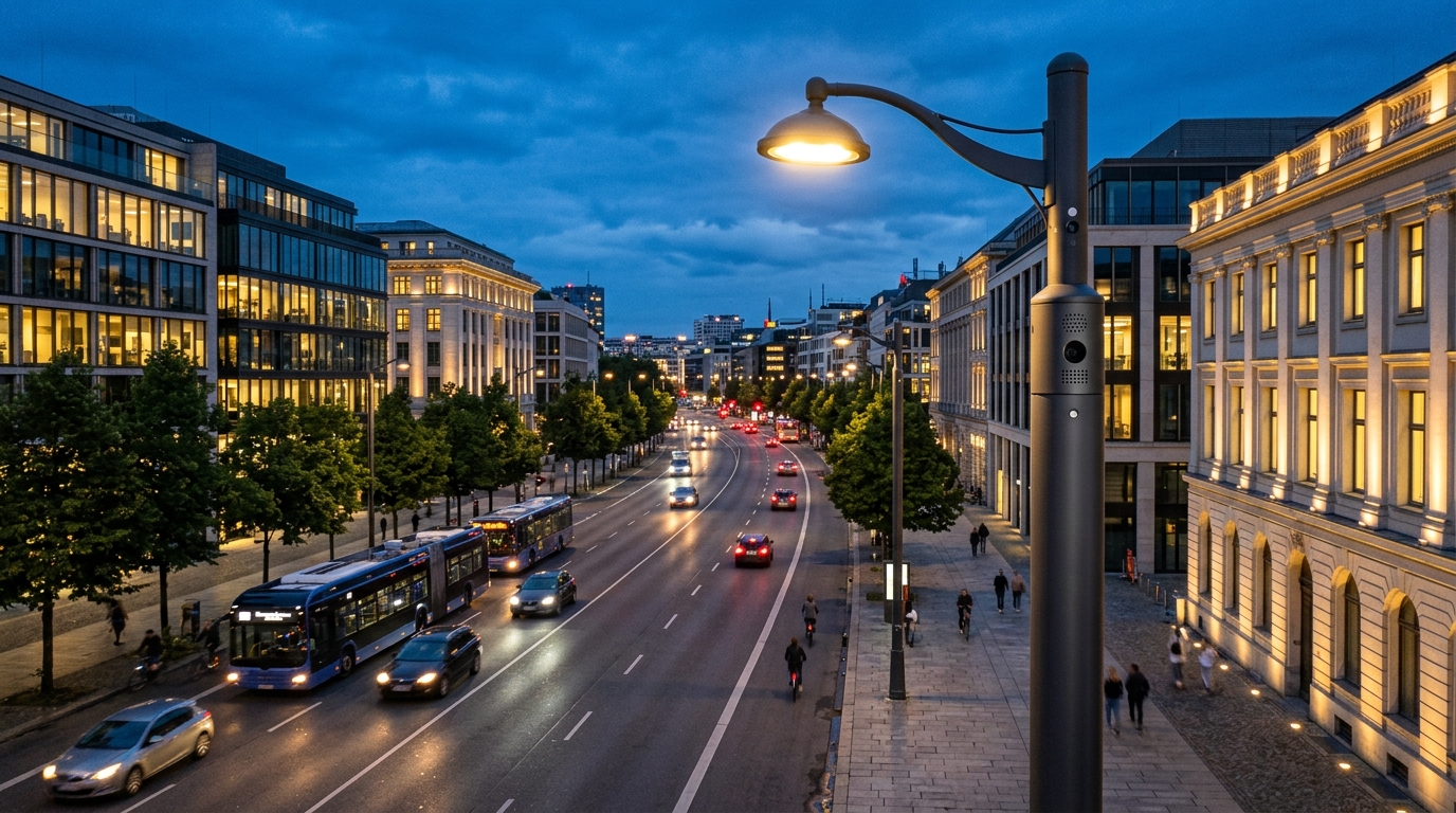 Urban smart city acoustic monitoring sensors overlooking evening traffic